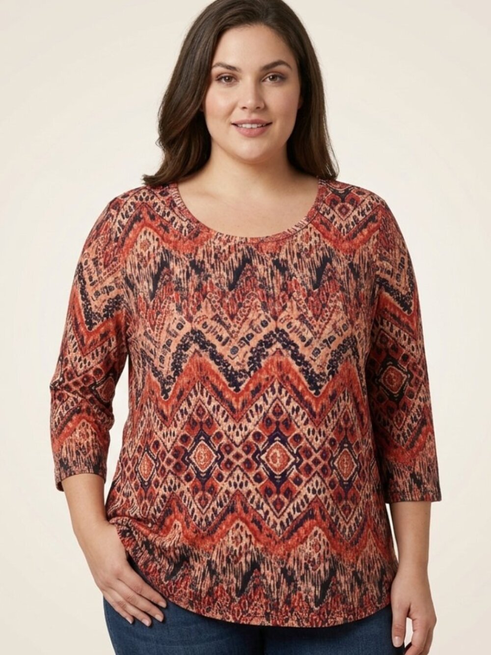 NWT | OFEEFAN Geometric Boho Print Top | Rust & Navy | XL